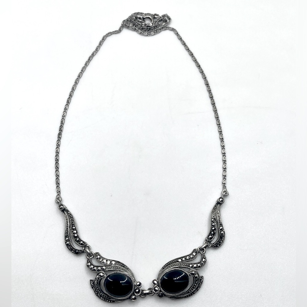 Art Deco Sterling Onyx & Marcasite Ornate Sterling Silver Chain Approx 16”